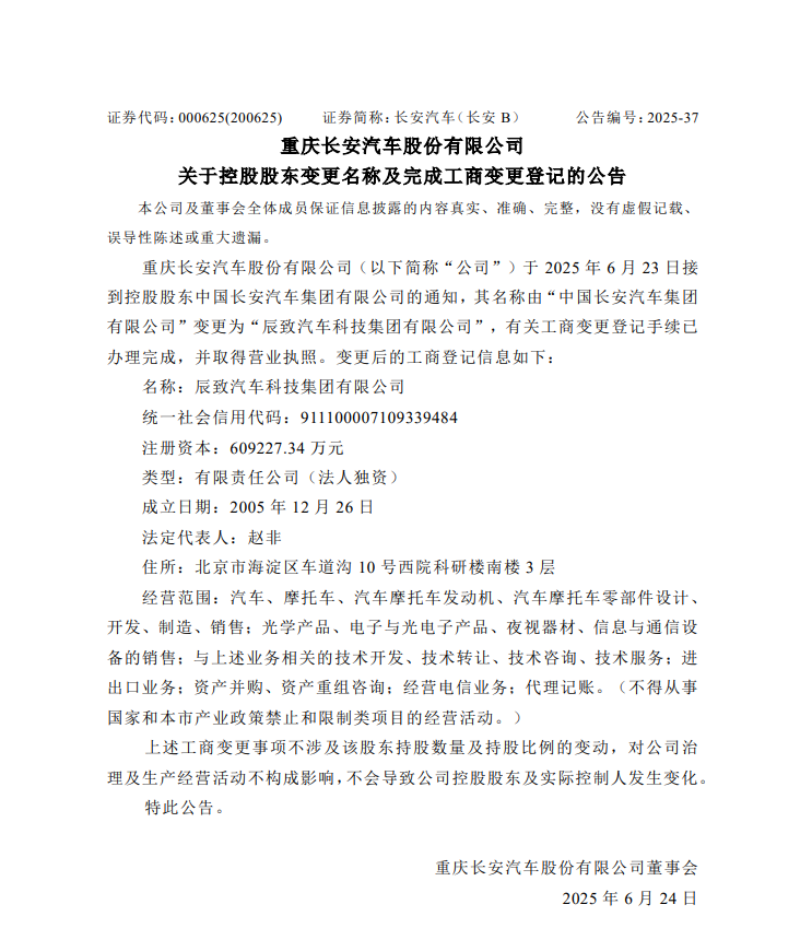 中国长安汽车集团已更名