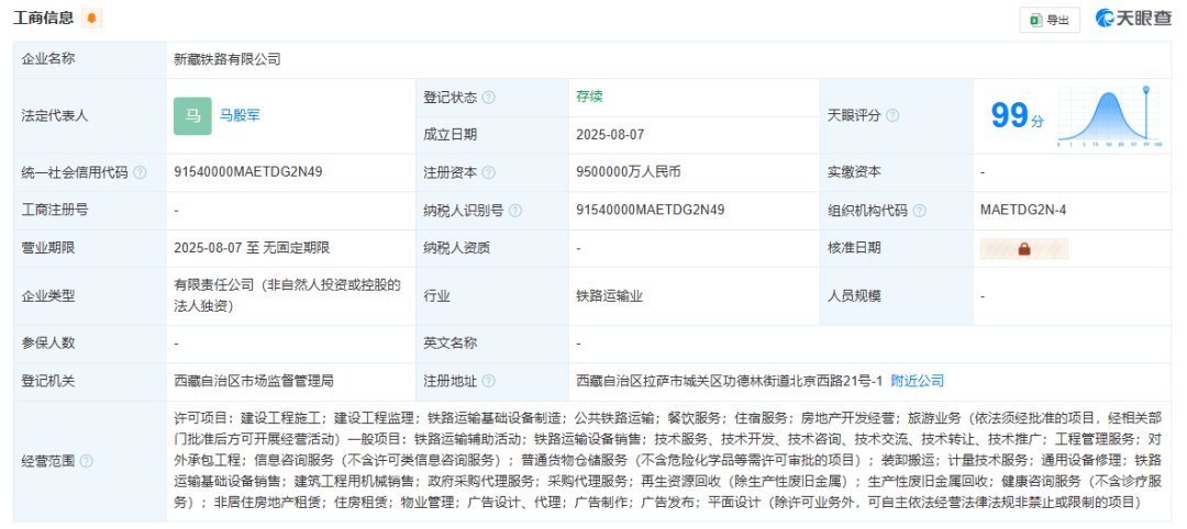 新藏铁路公司成立，注册资本950亿元